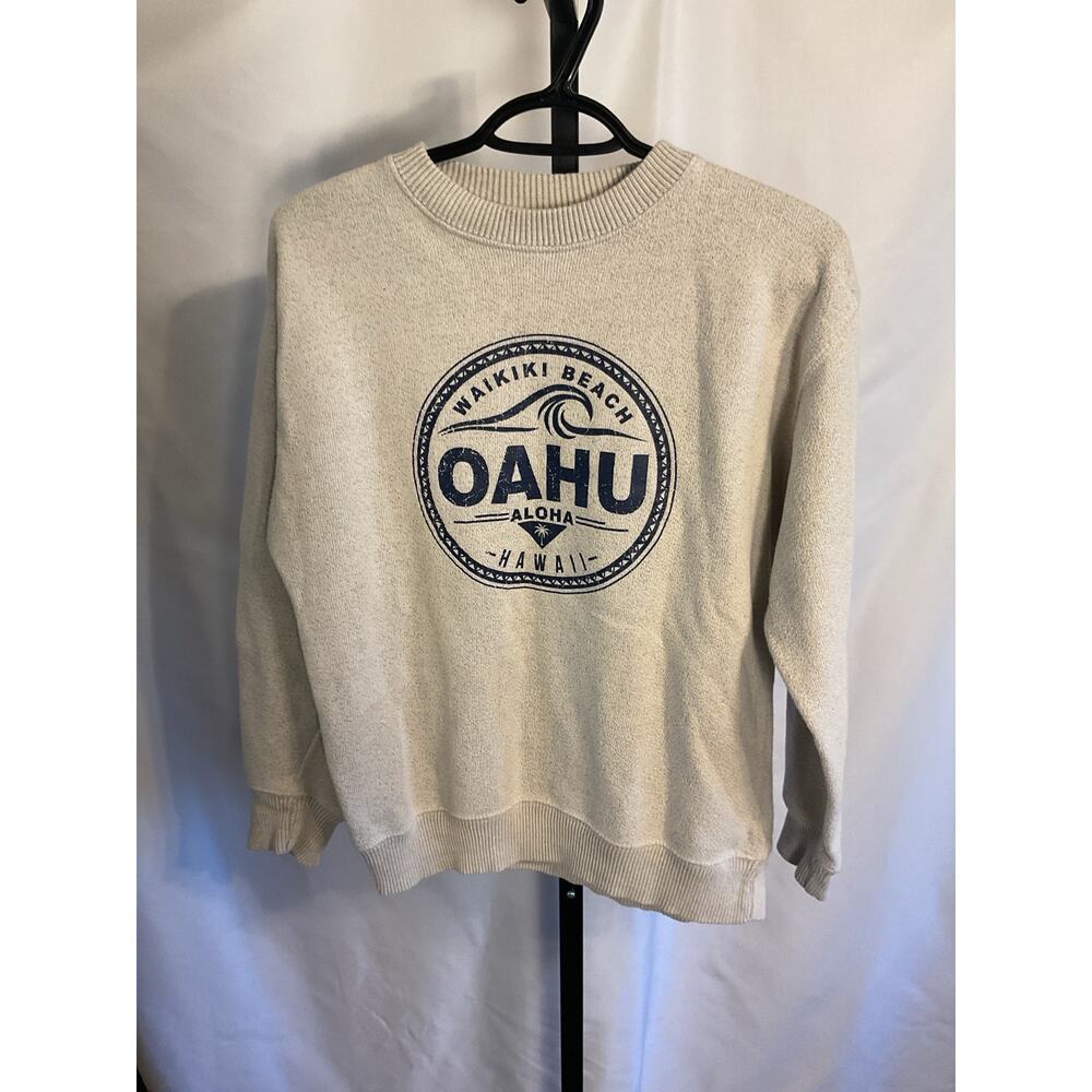 Oahu Waikiki Beach Hawaii Crewneck Sweater Beige Graphic Pullover Adult Size M - Picture 2 of 3